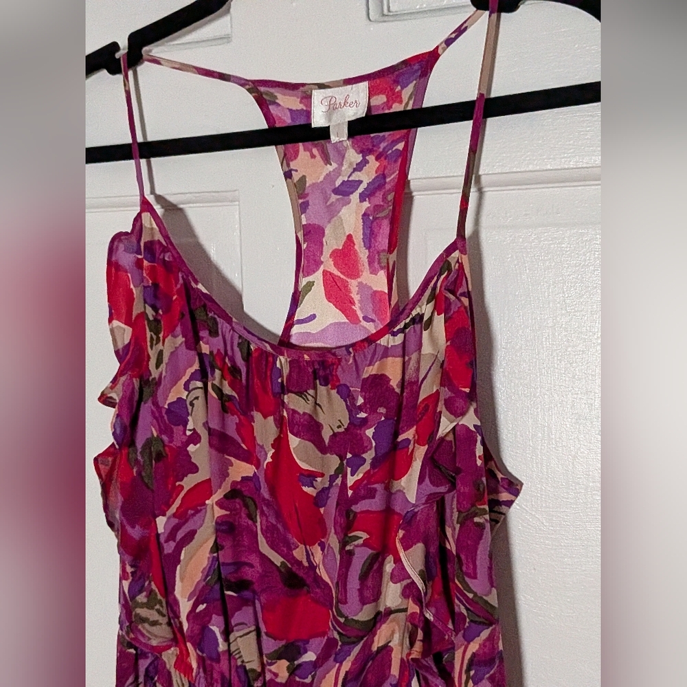 Parker 100% Silk Floral Racerback Dress Pink Purple Watercolor Print Size Large - Picture 2 of 4